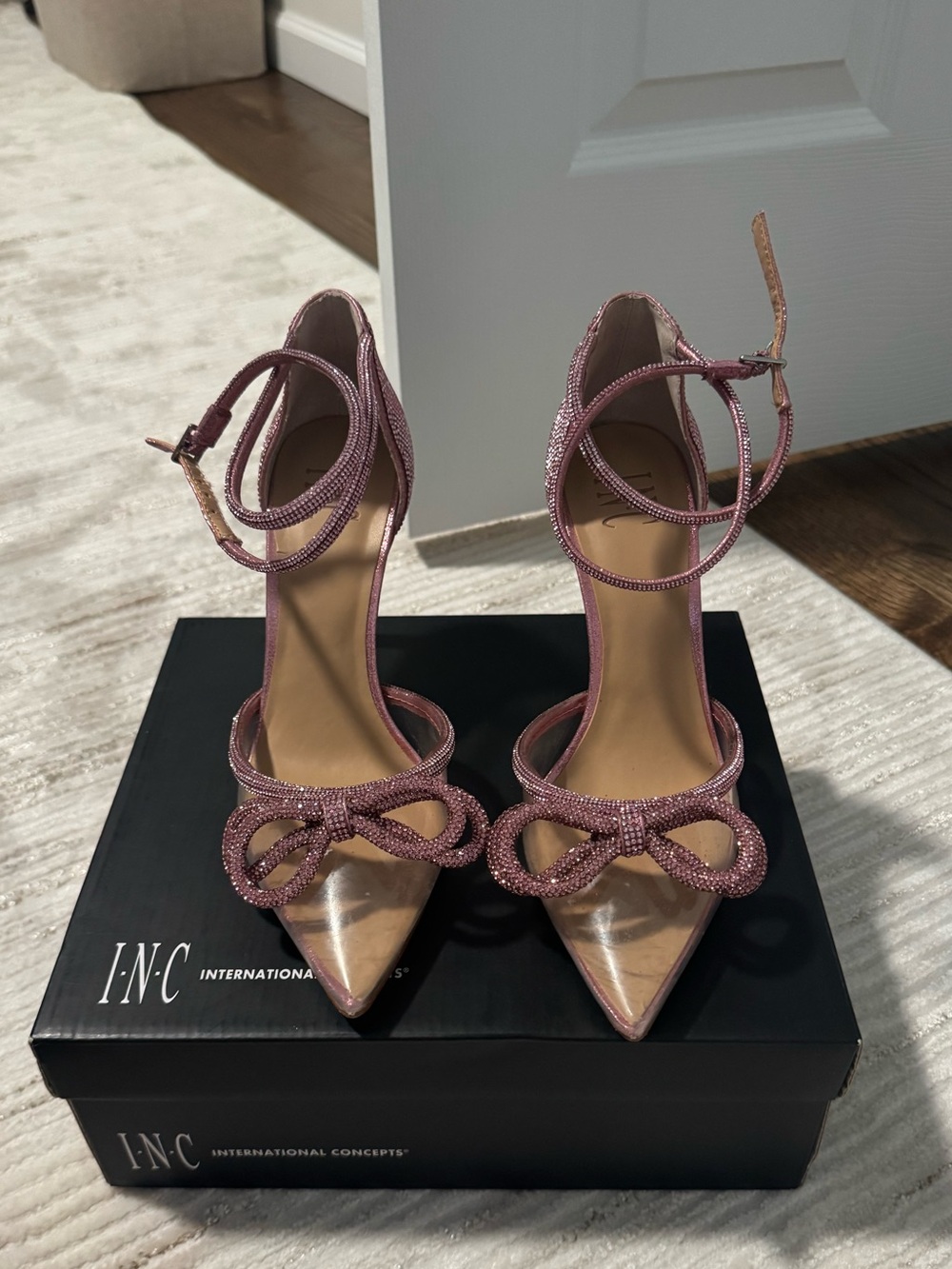 INC International Concepts Pink Crystal Bow Ankle-Strap Pumps